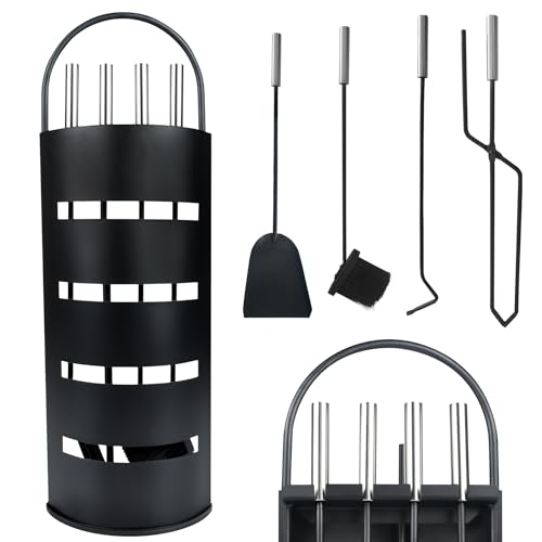 XINZI Serviteur de cheminée 5 pièces noir moderne avec balai, pelle, tisonnier, pince et support en acier inoxydable - Kit de nettoyage de cheminée pour le nettoyage des cheminées, poêles, foyers