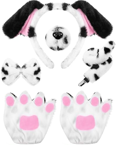 5 Stücke Halloween Tier Welpen Hund Kostüm Set Enthalten Welpen Ohren Stirnband Fliege Gefälscht Nase Schwanz Hundepfote Handschuhe Tier Kostüm Zubehör für Cosplay Party (Schwarz Weiß, Niedlicher)