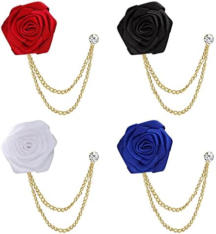 Chriscoco 4PCS Bridegroom Wedding Brooches Rose Art Flower Brooch Lapel Pin for Men Tassel Chain Tie Pin Mens Suit Accessories