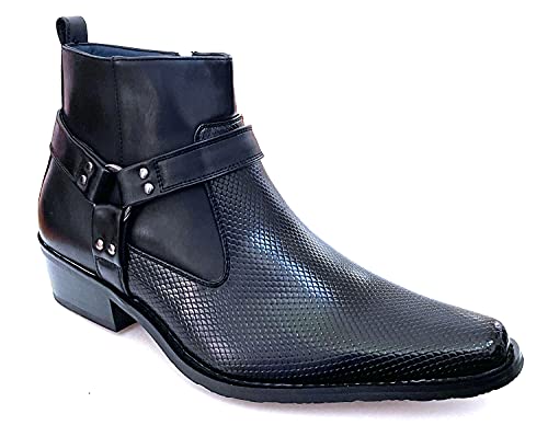 G4U-Alberto Fellini Men's Cowboy Boots Western Ankle Harness Shoes (Black-12, numeric-11)