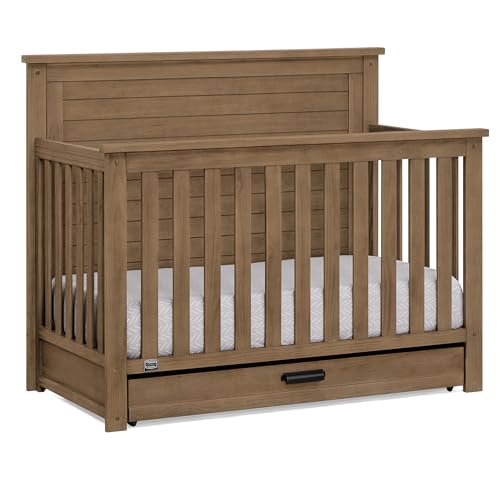 Image of Delta Children Simmons Kids Caden 6-in-1 Convertible Crib with Trundle Drawer, Greenguard Gold Certified, Aged Oak