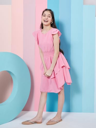 Image of Pspeaches Girl's Flutter Sleeve Layered Crepe Fit & Flare Dress Pink Color Stylish & Comfortable Wear
