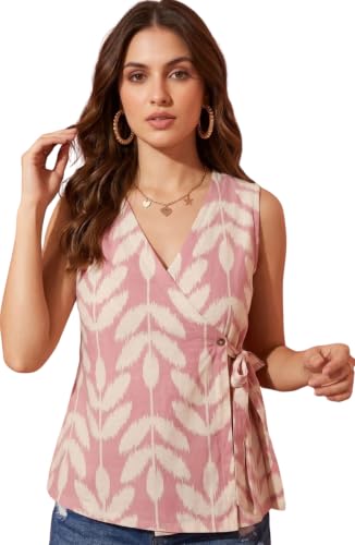 Image of LABEL ADRIJA Pure Cotton Floral Printed Sleeveless Top for Women Waist Tie-Ups Wrap