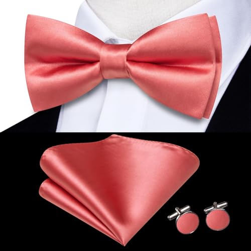 Image of Hi-Tie 5Pcs Mens Solid Color Silk Tie Satin Pretied Bowtie Lapel Pin for Men Handkerchief Cufflink Wedding Gift Box