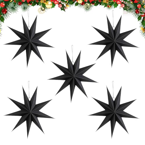 TENGWA 5 Piezas Estrella de Papel Colgable Negro 30 cm Estrellas Papel Navidad Plegable Decoraciones Ideal para Mesas de Comedor Ventanas Habitaciones Bodas Fiestas de Cumpleaños San Valentín