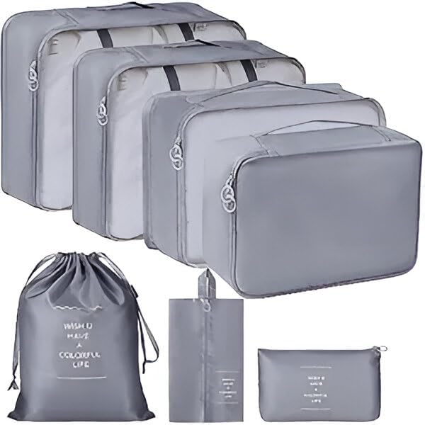 Image of 7pcs Set Travel Organizer Packing Cubes Lightweight Travel Luggage Organizers with Laundry Bag or Toiletry Bag Laundry Organiser. (Grey)