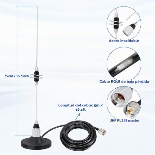 Miniatura 3 de Bingfu Antena Radio Móvil Banda Dual Vhf Uhf 136-174mhz Y 400-460mhz Antena Radioaficionado Vehículos 39cm Con Base Magnética Conector Pl259 Y Cable 5m Para Radio Bdireccionales Y Dispositivos Amateur