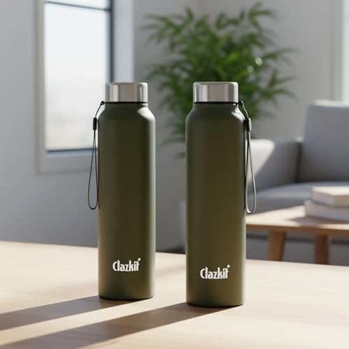Image of Clazkit Alpha Pro Classic Stainless Steel Water Bottle Single Wall 1000ml Set of 2 | Lightweight, Leak-Proof, Reusable | Ideal for School Kid, Office, Gym & Travel | Green