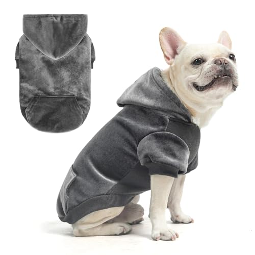 Image of BEAUTYZOO Dog Hoodie Sweaters for Small Medium Dogs- Warm Fall Winter Fleece Jacket for Cold Weather, Soft Velour Hooded Coat with Leash Hole & Pocket, Puppy Sweatshirt Clothes Bulldog Schnauzer,Grey