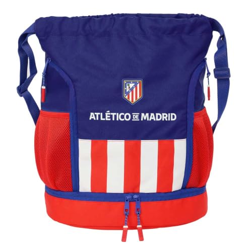 Safta | Saco Deportivo Atlético de Madrid, Mochila Escolar de Cuerdas con Compartimento Inferior y Cremallera 2 Direcciones, Bolsillo Interior, Medidas 34x15x43 cm