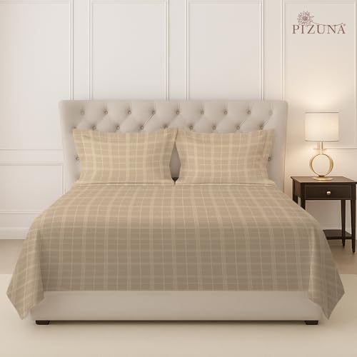 Image of Pizuna 100% Cotton Bedsheet Super King Size with 2 Pillow Covers, 300 Thread Count Long Staple Cotton, Checks Pattern Flat Bed Sheet 108X108 Inch for Superking Bed, Taupe
