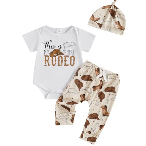 My First Rodeo Outfit Western Baby Boy 1st Birthday Clothes Short Sleeve Romper Pants Hat Set Newborn Cowboy Outfits