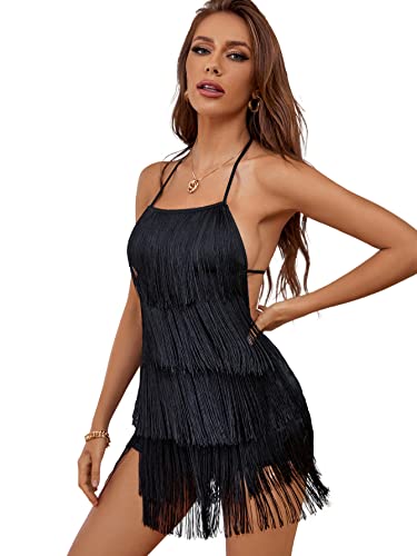Lyaner Women's Sexy Fringe Halter Waist Tie Back Sleeveless Romper Jumpsuit Playsuits Black Medium #TOP3