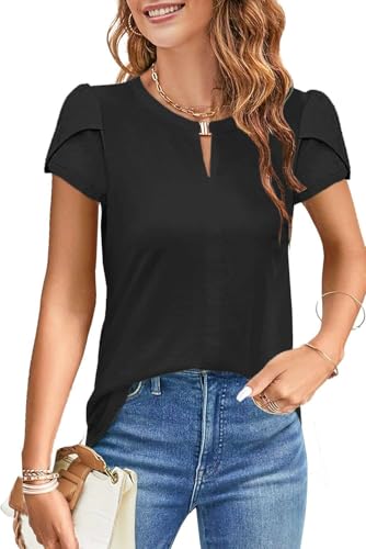 NAIOSS Damen Bluse Kurzarm Elegant Oberteile Sommer Tshirt V-Ausschnitt Puffärmel Shirts Casual Tops(Schwarz/XL)