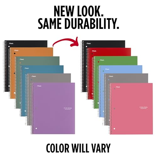 Image of Five Star Spiral Notebook + Study App, 1 Subject, Graph Ruled Paper, 8.5 inch x 11 inch, 100 Sheets, Assorted Colors, 6 Pack (73549)