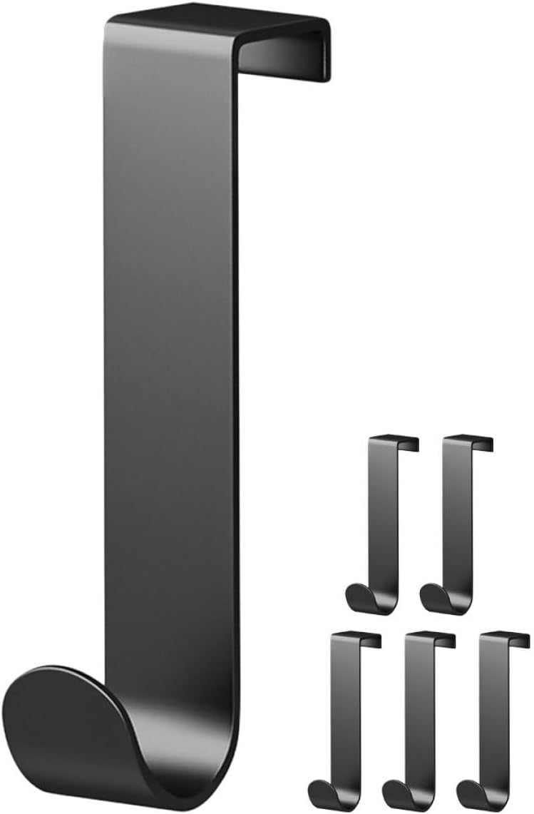 6pcs Black Aluminum Over Door Hooks, Punch-Free Utility Hooks for Hanging Towels, Coats, Wreaths, and Storage on Cabinet Or Front Doors in Home and Office
