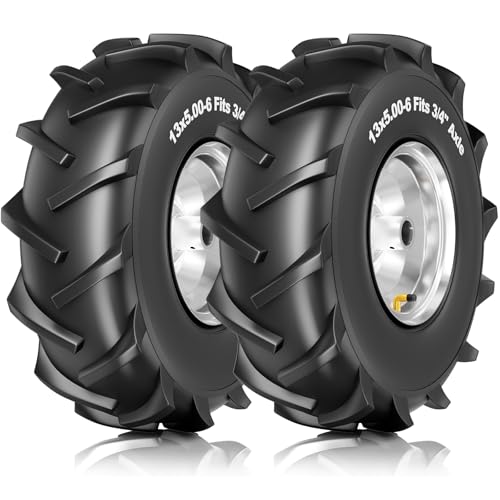 RONPOW 13x5.00-6 Rear Tine Tiller Tire and Wheel 3/4 Axle Bore 500Lbs Load Easy to Install 4 Ply Durable Pneumatic Replacement Rototiller Assembly for Garden Tiller & Farm Equipment 2Pack Silver