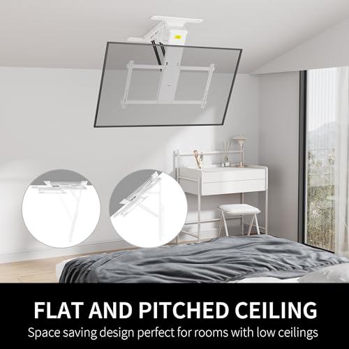 Image of VIVO White Electric Ceiling TV Mount for 40 to 85 in Screens, MOUNT-E-FD85W | Large Motorized Flip Down TV Mount, Pitched Roof VESA Mount, Heavy Duty Steel Design, Low Profile, Master Pack, Holds 110 lbs