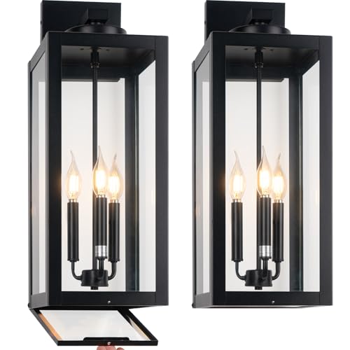 Image of 24 inch Extra Large Fully Enclosed Outdoor Light Fixture 3-Light, Coach Lights | Anti-Rust Waterproof Outdoor Wall Lights, Black Modern Exterior Lighting Fixtures Front Porch Light for House, E12, 2-Pack