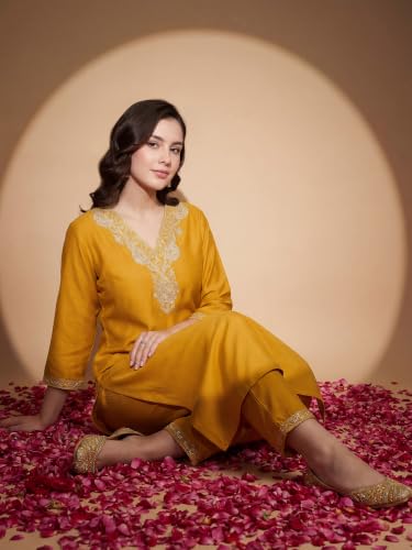 Image of INDO ERA Women's Silk Blend Embroidered Zari Work Straight Kurta & Pant Set | Cord Set For Women