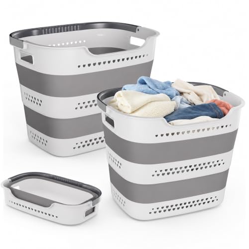 2 Pack Collapsible Plastic Laundry Basket – 42L Foldable Pop Up Clothes Hamper with Comfort Grip Handles, Space Saving Mesh Storage Bin for Laundry Room, Bathroom & Nursery, Grayish-white