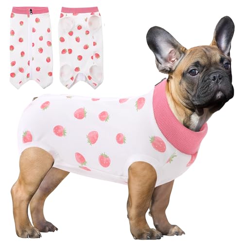 Image of SAWMONG Recovery Suit for Dogs Female Male Zipper, Pink Strawberry Dog Onesie Body Suit After Surgery Spay Neuter, Cotton Breathable Dog Surgical Suit Pet, Substitute Dog E-Collar Cone, XS