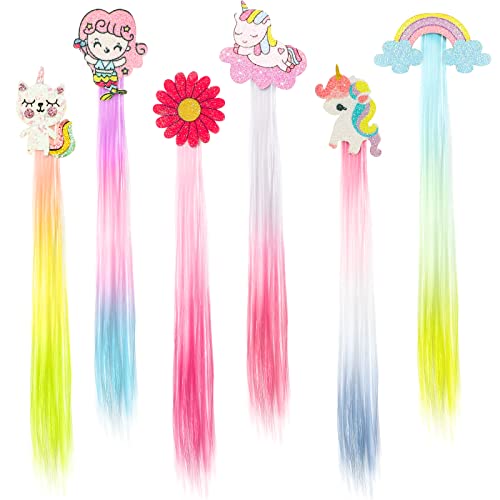 6 Colors Unicorn Wig Hair Clips Bows for Girls Hair Braided Extension Colored Hair Bows Braided Curly Wig Hair Extension for Kids Princess Costume Dress up Hair Accessory (Rich Style)