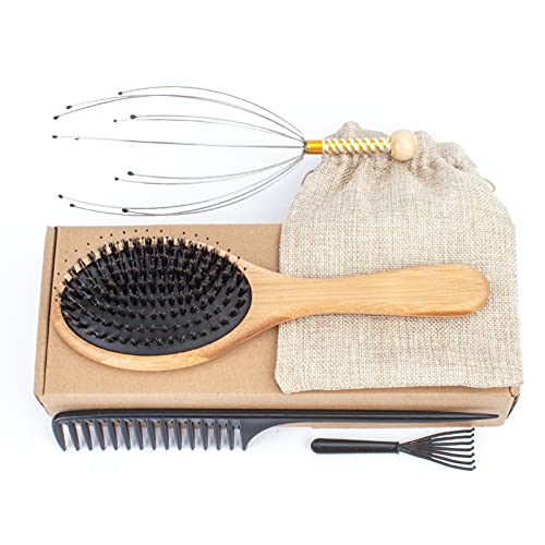 Brosse à cheveux en poils de sanglier, masseur de cuir chevelu et peigne pour femme et homme, meilleure brosse à cheveux en bambou naturel antistatique pour cheveux épais, courts, humides ou secs Cover