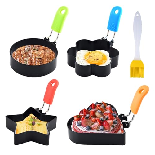 Egg Rings for Frying, 4PCS Egg Ring Molds with Silicone Handle, Fried Egg Cooking Rings with Oil Brush, Fried Egg Mould Pancake Mcmuffin Omelette Shaping Burger Star Flower Heart Round