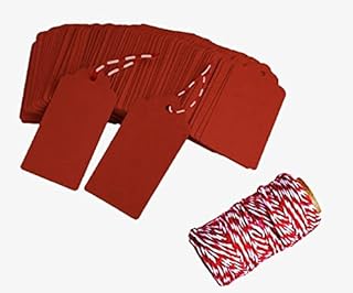Gift Tags, 100 PCS Kraft Tags for Christmas, Wedding (7 x 4cm) Red DIY Rectangle Craft Hang Tags with 20m Red & White String by J-Kare (Red)