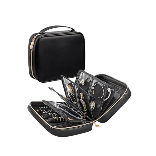 Lolalet Travel Jewelry Organizer Case, Large Jewelry Binder Book with Individual Pouches, Portable Leather Zippered Bag for Jewelry Storage of Earring