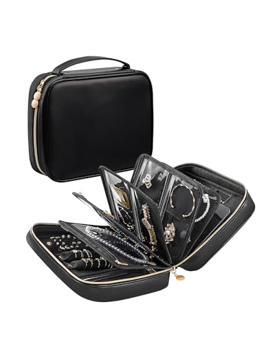 Lolalet Travel Jewelry Notebook Organizer Case Large Jewelry Binder Book with Individual Pouches Portable Leather Zippered Bag for Jewelry Storage of Earring Ring & Necklace Gift for Women -Black