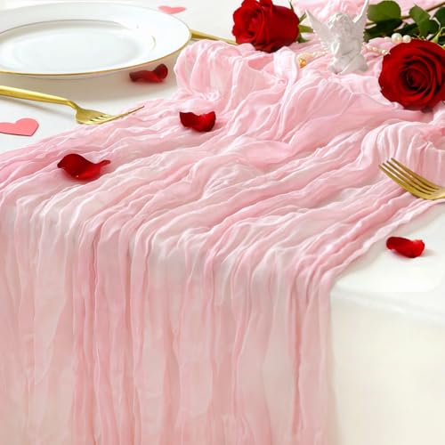 Sioloc 1 Pack Light Pink Cheesecloth Table Runner Summer Decor 90cmX300cm Boho Gauze Runner for Fall Autumn Decor Wedding Party Baby Bridal Shower Birthday Table Decorations