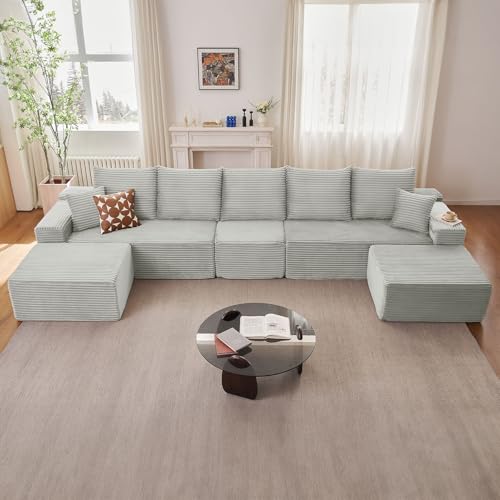 Image of 167.7 inch Sectional Cloud Couch for Living Room, Stupendous U Shaped Sofas, Modular Floor Deep-Seat Sofa, Big Comfy Corduroy Couches Set with Fluffy Memory Foam, No Assembly Required, Grey