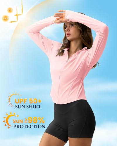 GYM RAINBOW Womens Light Athletic Workout BBL Jacket Long Sleeve Quick Dry UV Hooded Sun Shirt Cropped Tops for Women with hood(#1 Orchid Pink,Large) — view 4