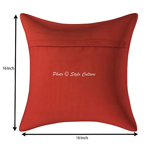 Image of Decorative Brocade Cushion Covers 16 Inch x 16 Inch Banarasi Jacquard Weave Red & Gold Living Room Peacock Festive Decor Square 40x40 cm Zippered Sofa Settee Pillowcases -Set of 2 Pcs