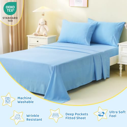 Image of Viviland 4 Pieces Boys Full Sheets Set Kids, Sky Blue Bed Sheets | Breathable & Soft Microfiber Kids' Sheet & Pillowcase Sets, Fitted Sheet with 15 inch Deep Pocket and Corner Straps, Easy Care