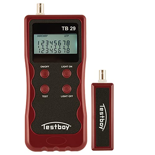 Testboy 29 Netzwerkverdrahtungstester (Mit übersichtlichem LC-Display, kann Kabelformate auf Unterbrechungen, Vertauschungen oder Kurzschlüsse überprüfen; handlich und leicht bedienbar), Rot/Schwarz Cover