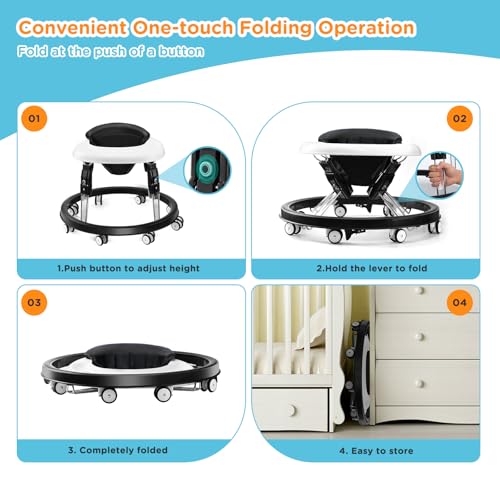 baby walker with wheels one-touch folding anti-roll 8-wheel baby walkers 7-speed height adjustment with large dinner plate and brake 6-18 months baby walker black