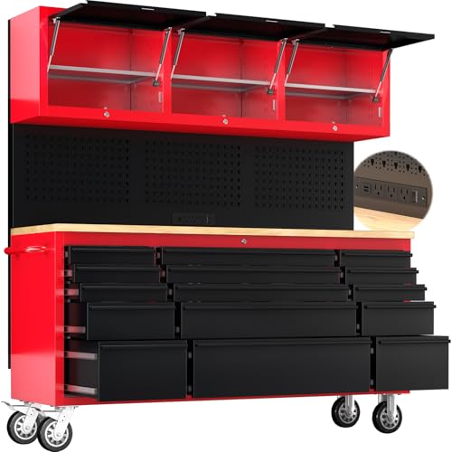 72 Inch Heavy Duty Rolling Tool Chest with 15 Drawers and 3 Upper Cabinets,Lockable Tool Cabinet with Pegboard & Power Outlet,Steel Garage Storage Cabinet with Wheels&Drawer Liner&Handles,Black&Red