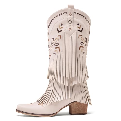 Cowboy Boots for Women Fringe Embroidered Knee High Western Cowgirl Boots Pointed Toe Chunky Heels3