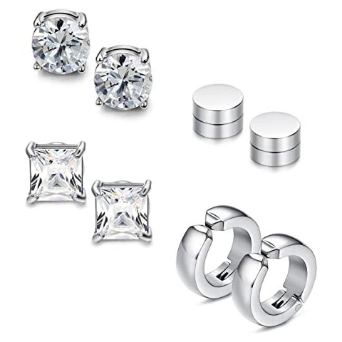 Sailimue 4 Pairs Stainless Steel Stud Earrings for Men Women Cubic Zirconia Inlaid Magnetic Stud Earrings Non Piercing Clip Hoop Earrings Huggie Piercing Cover