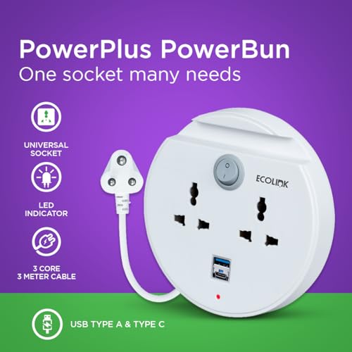 Image of EcoLink PowerPlus Power Bun 6A Extension | Dual USB-A & USB-C Fast Charging Ports | Compact & Portable Power Strip | Home, Office & Travel | Overload & Short Circuit Protection | Pack of 1