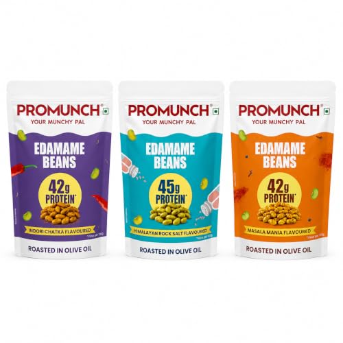 PROMUNCH Roasted Edamame Beans - Assorted Combo | 42-45g High Protein Snack | No Added Sugar | Rich in Fiber | Roasted in Olive Oil | Crunchy & Low in Fat