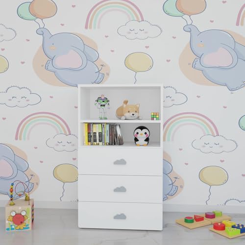 Image of VIKI Kids Wardrobe Almirah - Storage Cabinet with 3 Drawers & Open Shelf for Bedroom, White (40x60x102 cm) | 1 Year Warranty