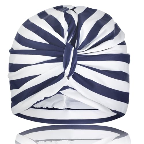 Dilly Daydream Stripey Blue Shower Turban - Lycra Shower Cap - Waterproof Lining - British Made - Machine Washable - All Hair Lengths
