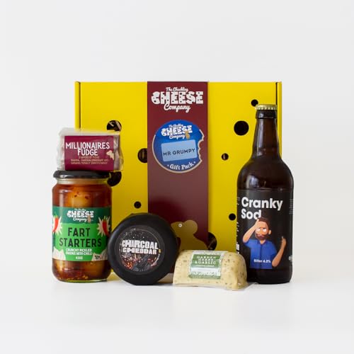Mr Grumpy Cheese & Beer Gift Box. Includes Two Wonderful Cheeses, A Jar of Pickled Onions, A Bottle of Comedy Beer - Cranky Sod and A Bar of Sweet Fudge. The Chuckling Cheese Company
