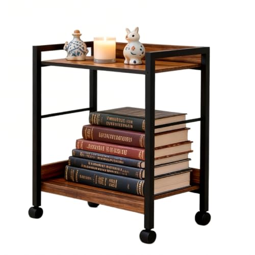 DEILALY Rolling End Table & Nightstand, 2-Tier Industrial Sofa Table with Wood Shelves on Wheels, Mobile Side Table, Rustic Walnut Kitchen Storage Cart for Living Room, Bedroom, Office.Brown