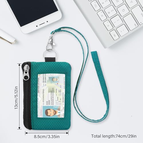 Image of Minimalist RFID Wallet with Lanyard, Multi-Functional ID Case with 2 Zipper Pockets and Key Chain for Men and Women, Tactical Badge Pouch Cards Holder, Coin Purse for Travel Sports - Peacock