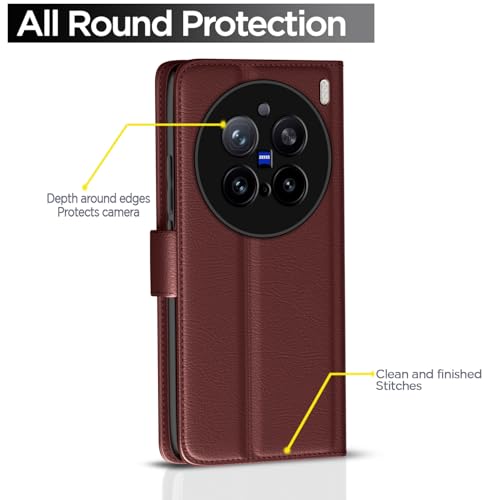 Image of Pikkme Flip Cover Leather Finish | Inside TPU with Card Pockets | Wallet Stand and Shock Proof | Complete Protection Button Flip Case for Vivo X200 Pro 5G(Brown)